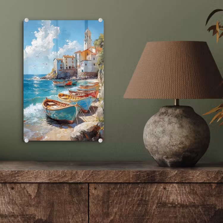 Glas schilderij - Boten - Rotsen - Zee - Zon — 4