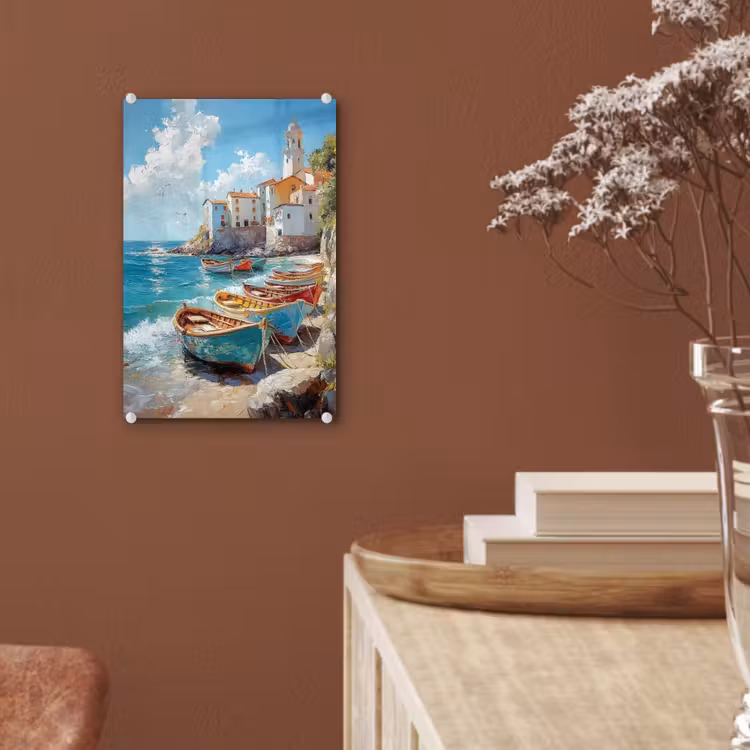 Glas schilderij - Boten - Rotsen - Zee - Zon — 6