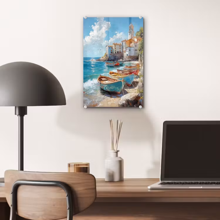 Glas schilderij - Boten - Rotsen - Zee - Zon — 7