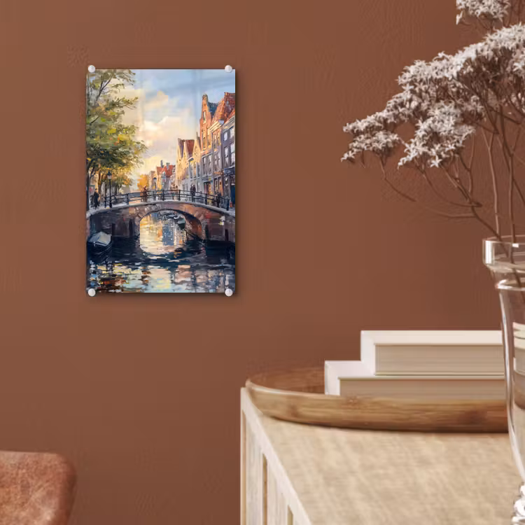 Glas schilderij - Brug - Stad - Huizen - Boot — 6