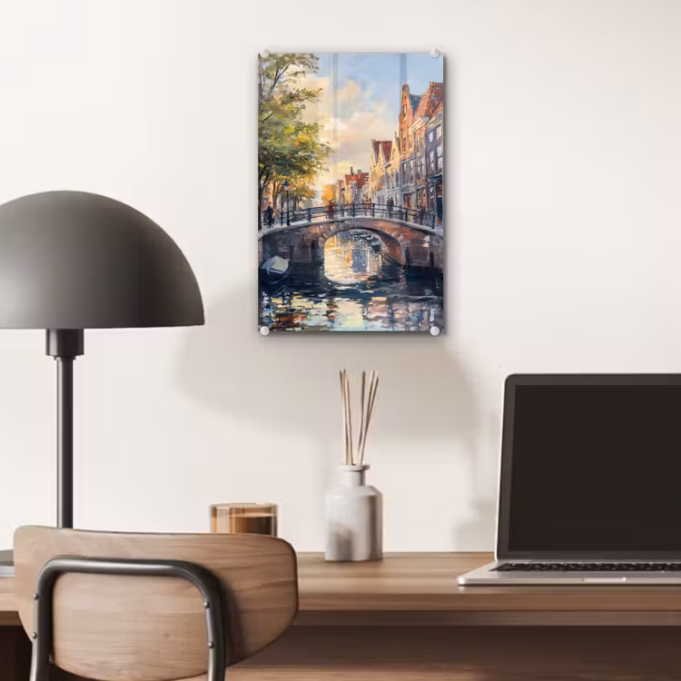Glas schilderij - Brug - Stad - Huizen - Boot — 7