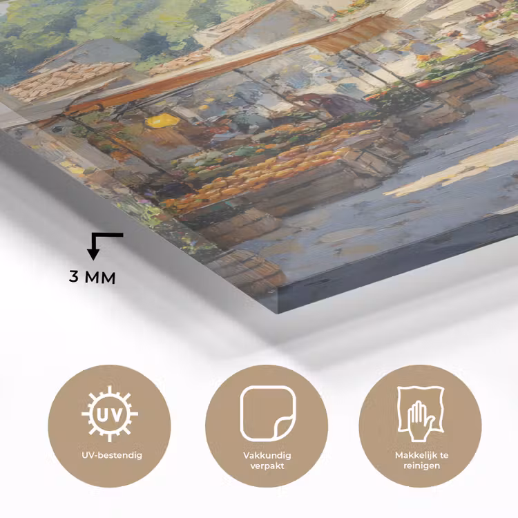 Glas schilderij - Dorp - Zon - Kraampjes - Huizen — 3