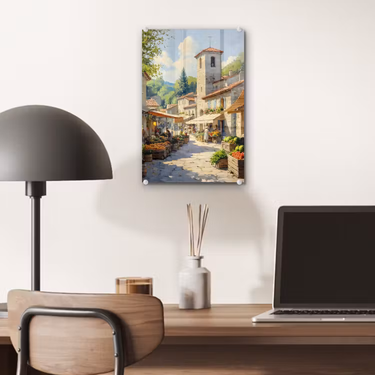 Glas schilderij - Dorp - Zon - Kraampjes - Huizen — 7