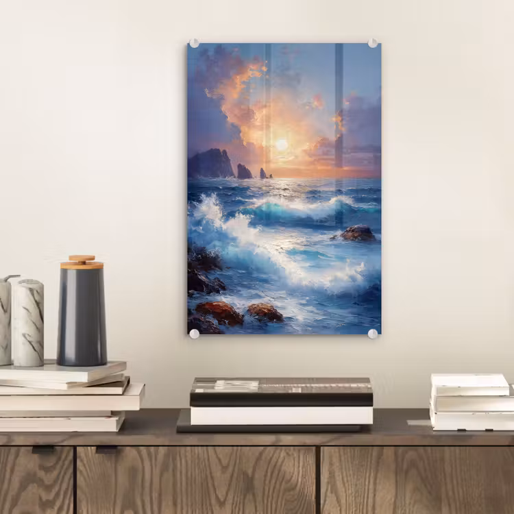 Glas schilderij - Golven - Zee - Kleurrijk - Rotsen — 2