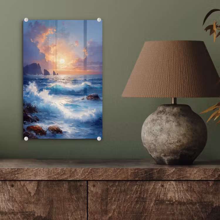 Glas schilderij - Golven - Zee - Kleurrijk - Rotsen — 4