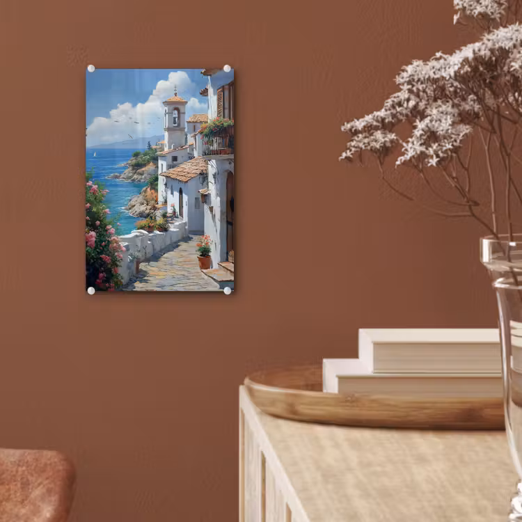 Glas schilderij - Huizen - Zee - Bomen - Bloemen — 6