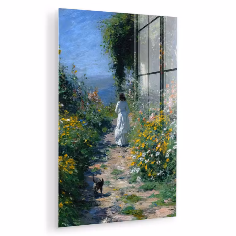 Glas schilderij - Kat - Vrouw - Bloemen - Huis — 1