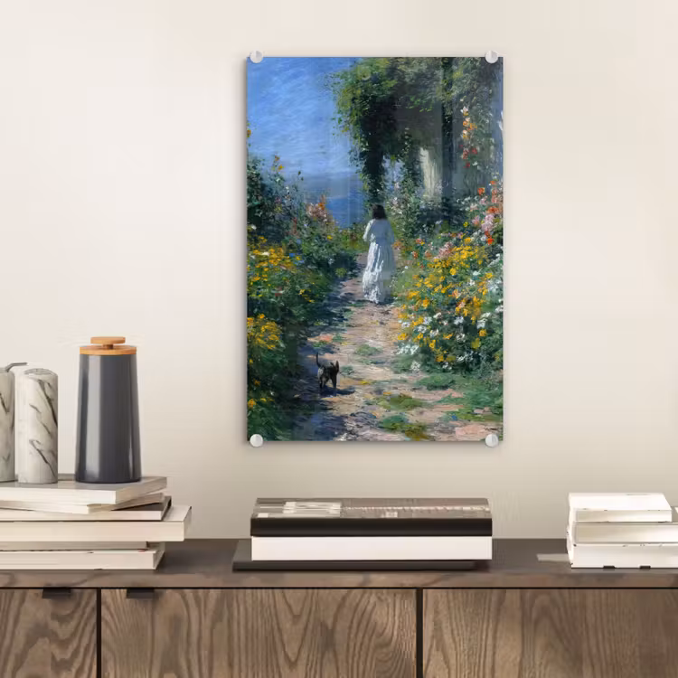 Glas schilderij - Kat - Vrouw - Bloemen - Huis — 2