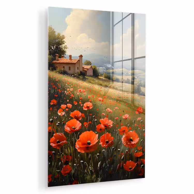 Glas schilderij - Klaprozen - Rood - Heuvels - Landschap — 1