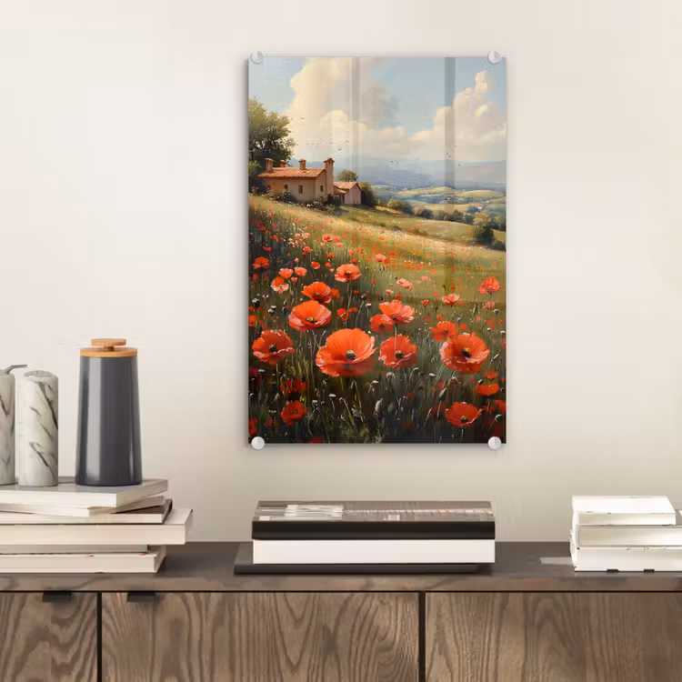 Glas schilderij - Klaprozen - Rood - Heuvels - Landschap — 2
