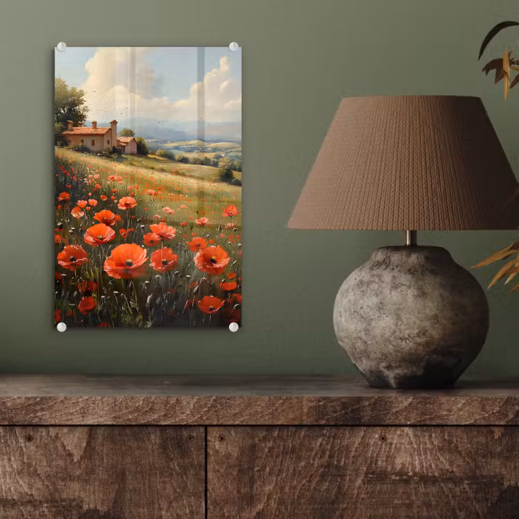 Glas schilderij - Klaprozen - Rood - Heuvels - Landschap — 4