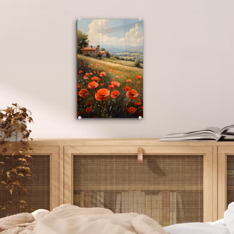 Glas schilderij - Klaprozen - Rood - Heuvels - Landschap — 5