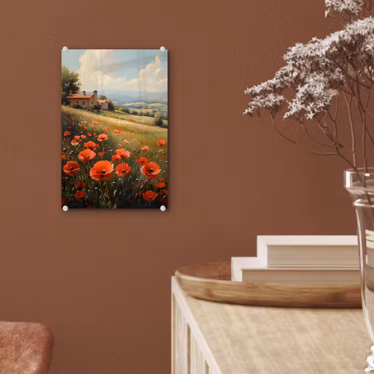 Glas schilderij - Klaprozen - Rood - Heuvels - Landschap — 6