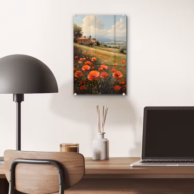 Glas schilderij - Klaprozen - Rood - Heuvels - Landschap — 7