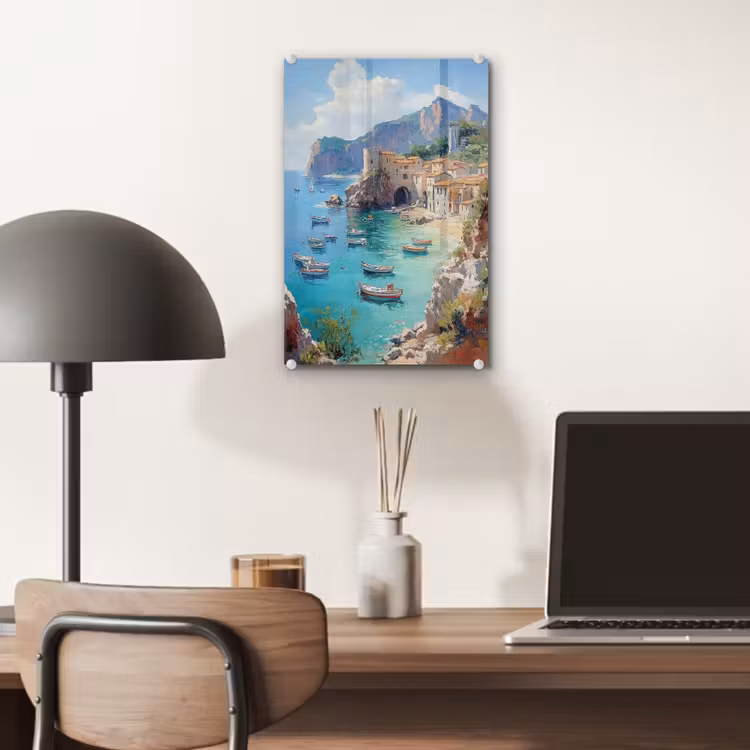 Glas schilderij - Kustdorp - Schilderij - Rotsen - Boten — 7