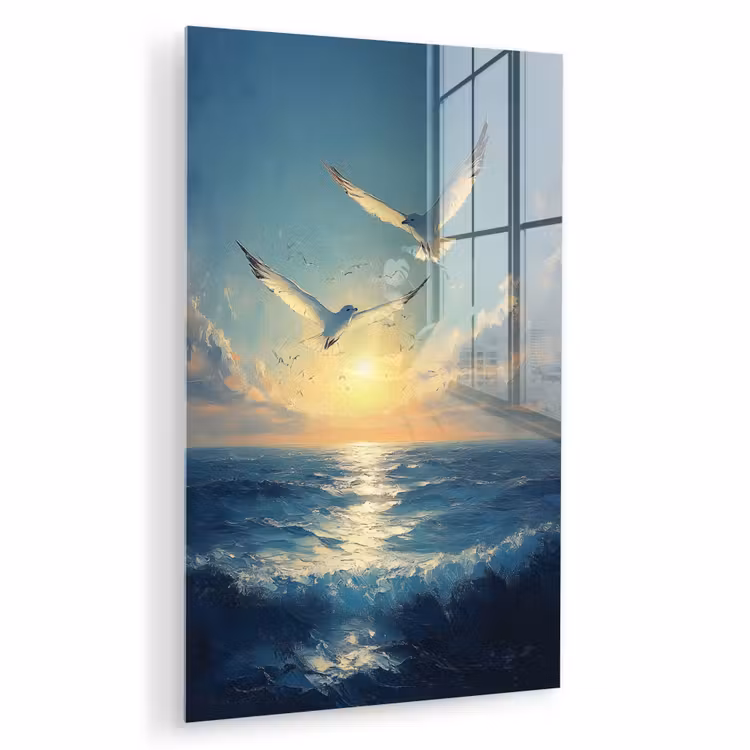 Glas schilderij - Meeuwen - Zee - Wolken -Blauw — 1