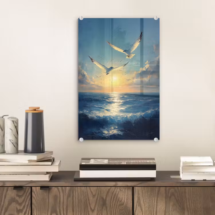 Glas schilderij - Meeuwen - Zee - Wolken -Blauw — 2