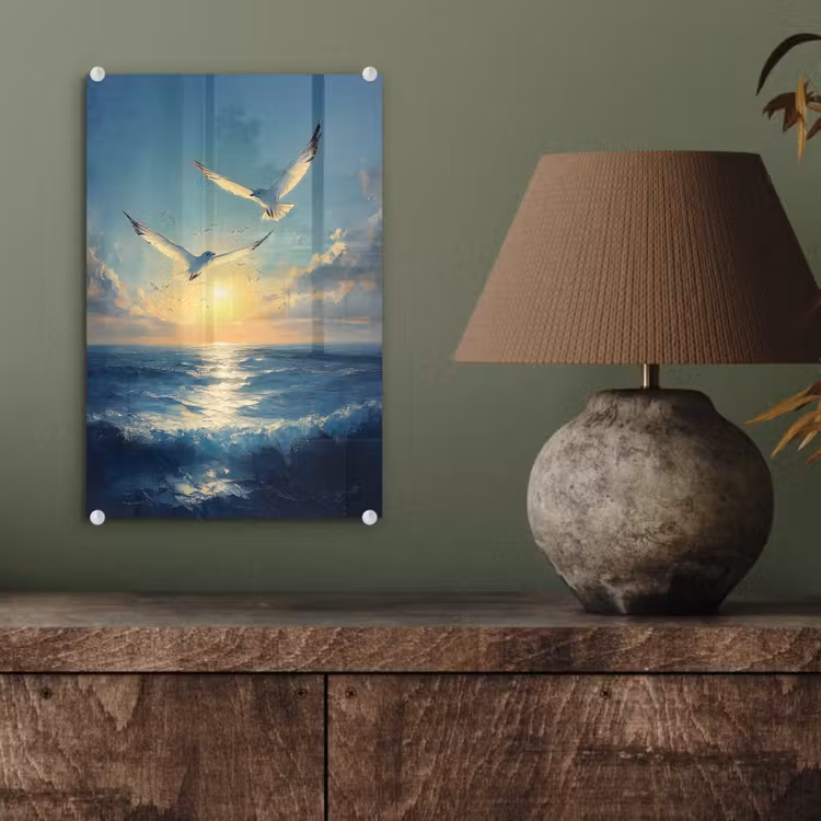Glas schilderij - Meeuwen - Zee - Wolken -Blauw — 4