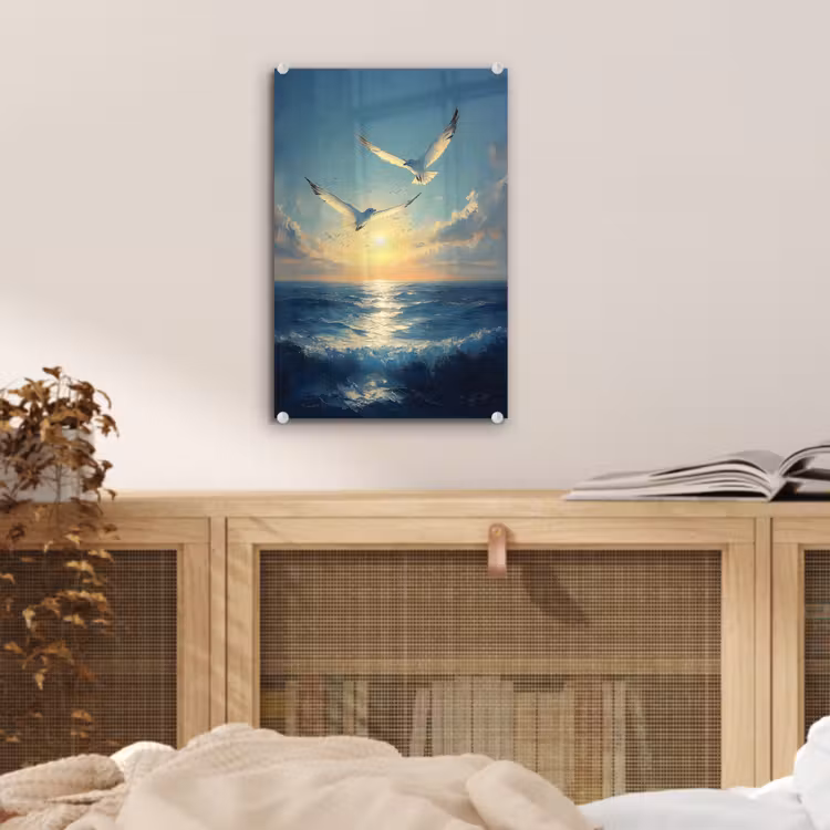 Glas schilderij - Meeuwen - Zee - Wolken -Blauw — 5