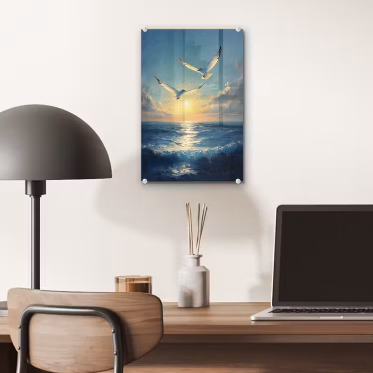 Glas schilderij - Meeuwen - Zee - Wolken -Blauw — 7