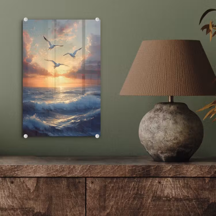 Glas schilderij - Meeuwen - Zonsondergang - Zee - Wolken — 4
