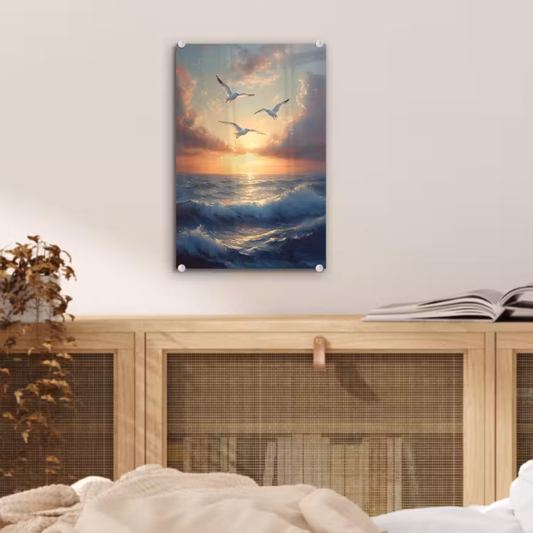 Glas schilderij - Meeuwen - Zonsondergang - Zee - Wolken — 5