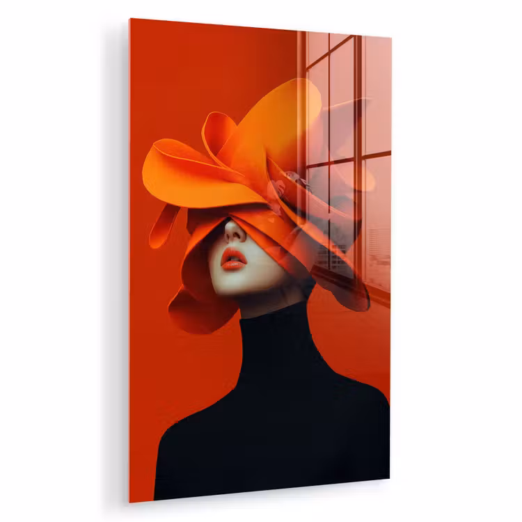 Glas schilderij - Oranje - Hoed - Vrouw — 1