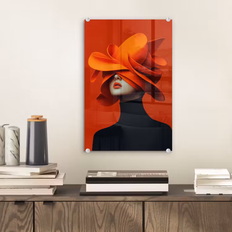 Glas schilderij - Oranje - Hoed - Vrouw — 2