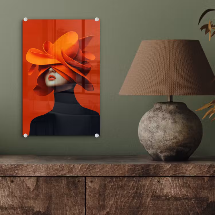 Glas schilderij - Oranje - Hoed - Vrouw — 4