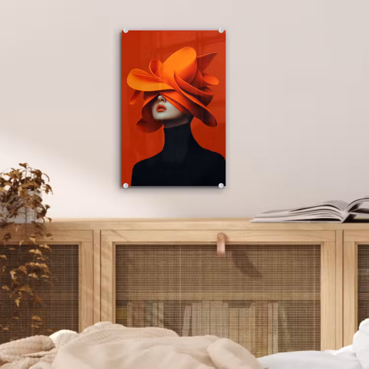 Glas schilderij - Oranje - Hoed - Vrouw — 5