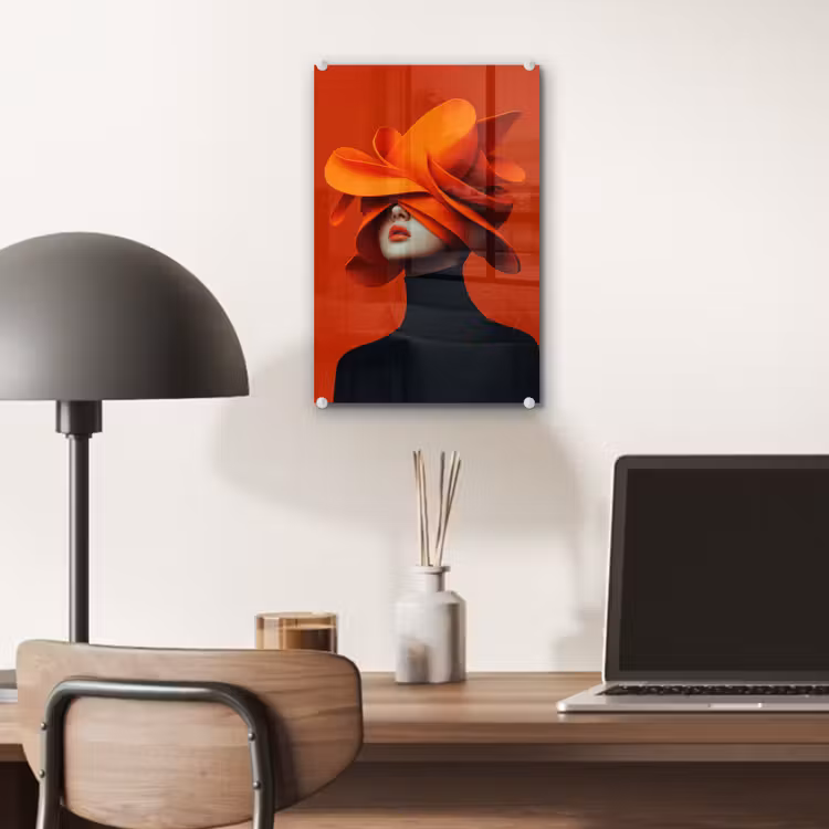Glas schilderij - Oranje - Hoed - Vrouw — 7