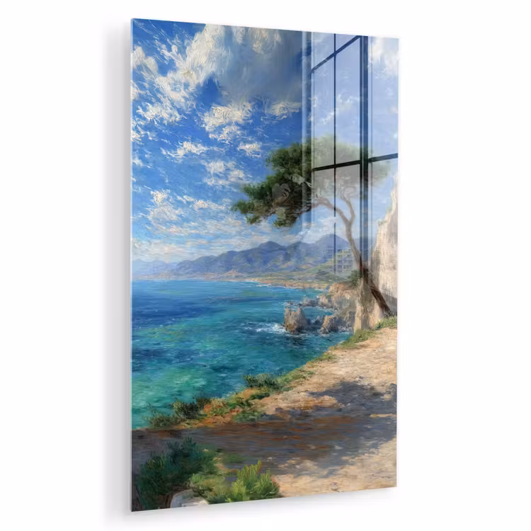 Glas schilderij - Rotsen - Kustlijn - Boom - Bergen — 1