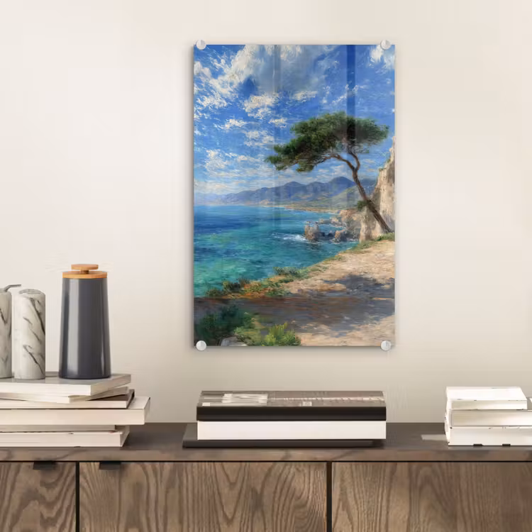 Glas schilderij - Rotsen - Kustlijn - Boom - Bergen — 2