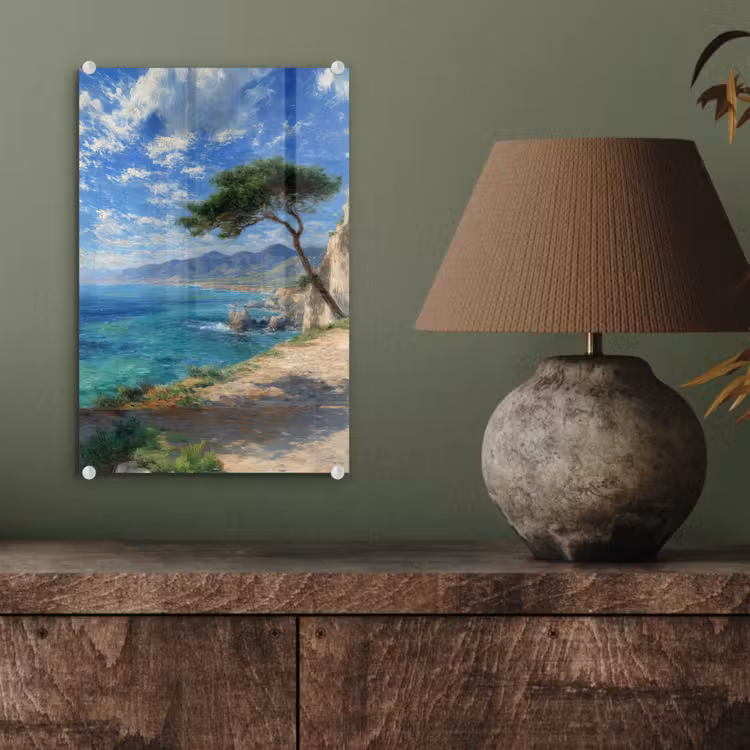 Glas schilderij - Rotsen - Kustlijn - Boom - Bergen — 4