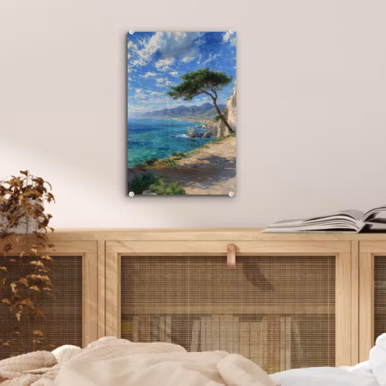 Glas schilderij - Rotsen - Kustlijn - Boom - Bergen — 5