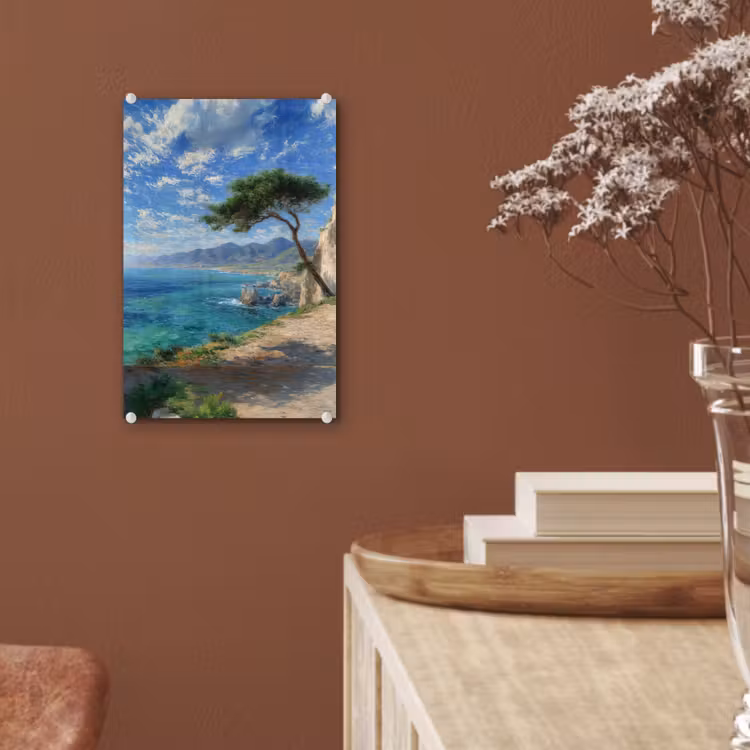 Glas schilderij - Rotsen - Kustlijn - Boom - Bergen — 6