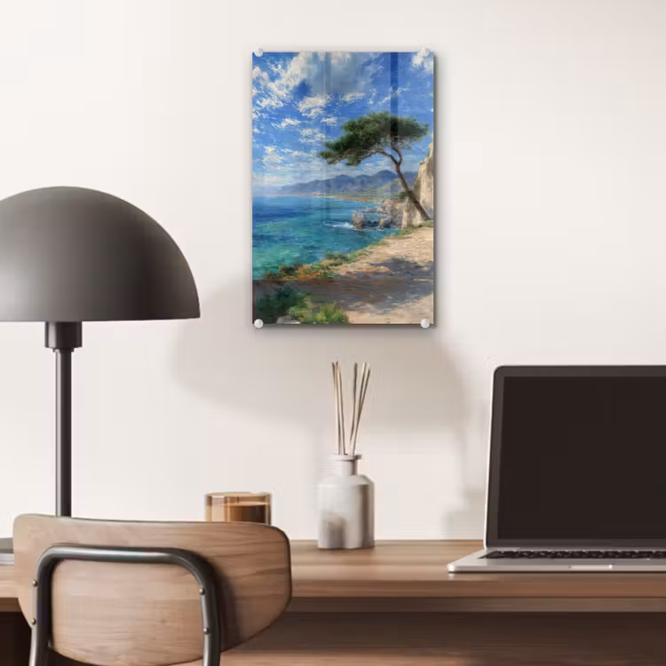 Glas schilderij - Rotsen - Kustlijn - Boom - Bergen — 7