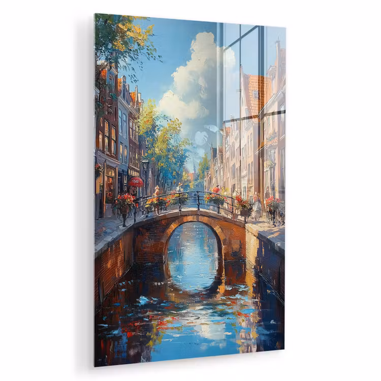 Glas schilderij - Stad - Gracht - Zon - Fietsen — 1
