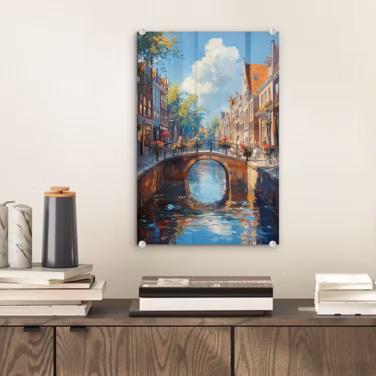 Glas schilderij - Stad - Gracht - Zon - Fietsen — 2