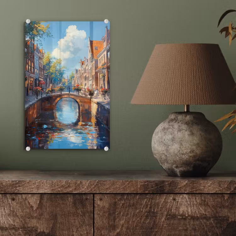 Glas schilderij - Stad - Gracht - Zon - Fietsen — 4