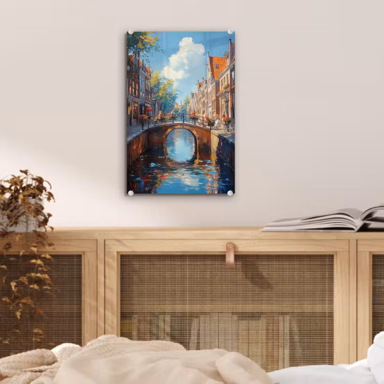 Glas schilderij - Stad - Gracht - Zon - Fietsen — 5