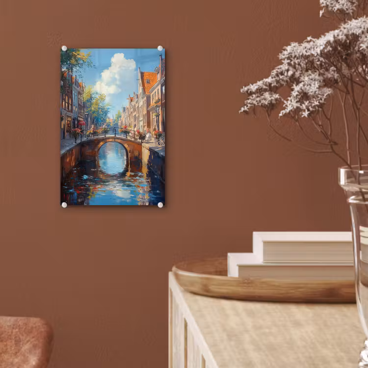 Glas schilderij - Stad - Gracht - Zon - Fietsen — 6