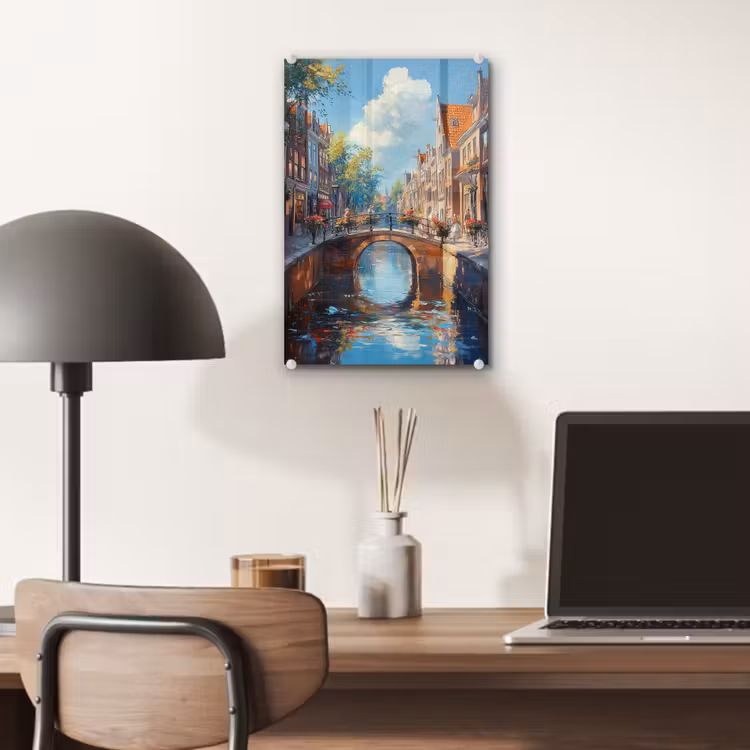 Glas schilderij - Stad - Gracht - Zon - Fietsen — 7