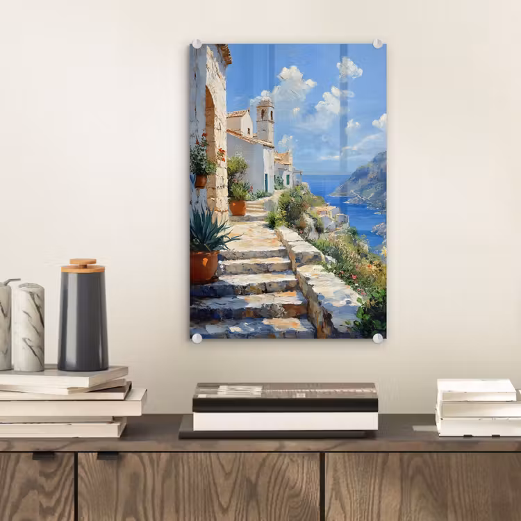 Glas schilderij - Trap - Huizen - Berglandschap - Zee — 2