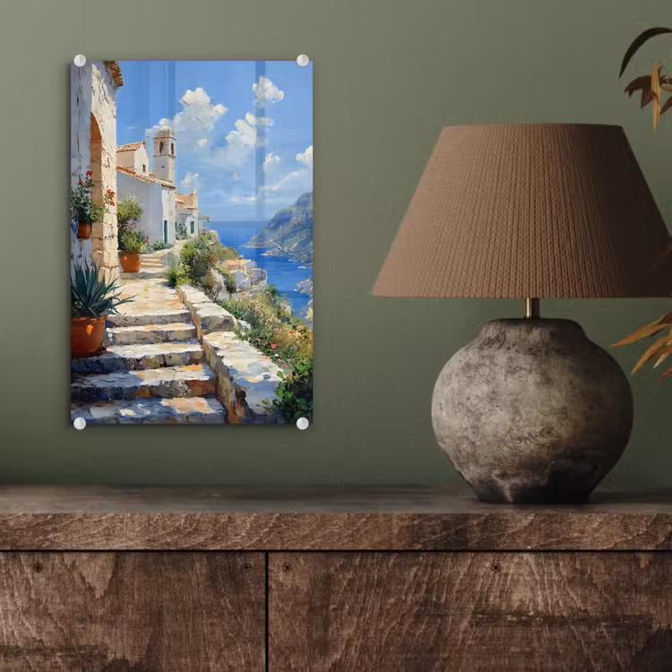 Glas schilderij - Trap - Huizen - Berglandschap - Zee — 4