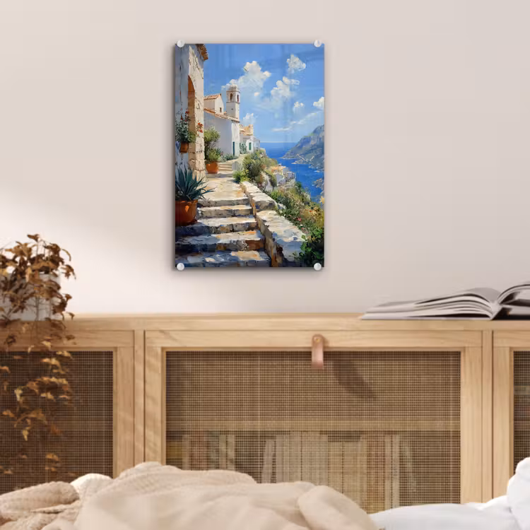 Glas schilderij - Trap - Huizen - Berglandschap - Zee — 5