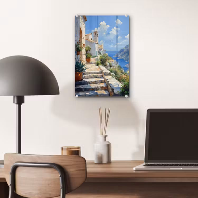 Glas schilderij - Trap - Huizen - Berglandschap - Zee — 7