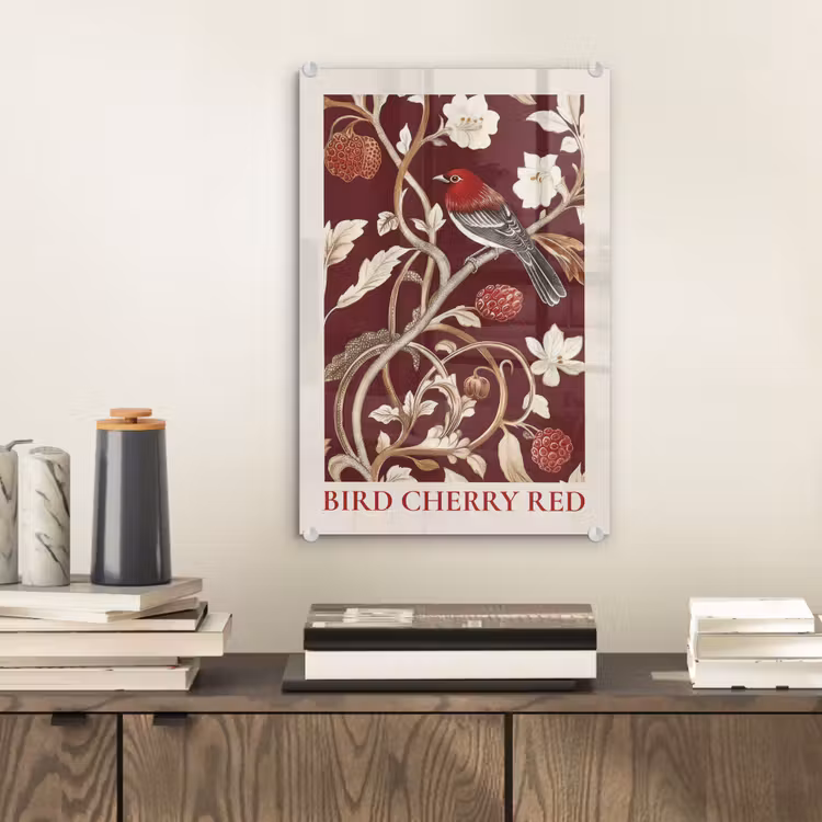 Glas schilderij - Vogel - Bordeaux - Bloemen - Bessen — 2