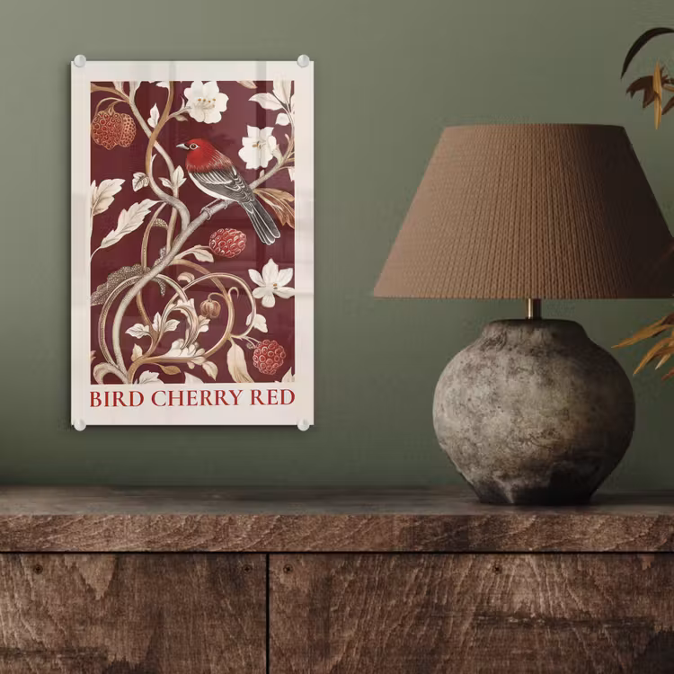 Glas schilderij - Vogel - Bordeaux - Bloemen - Bessen — 4