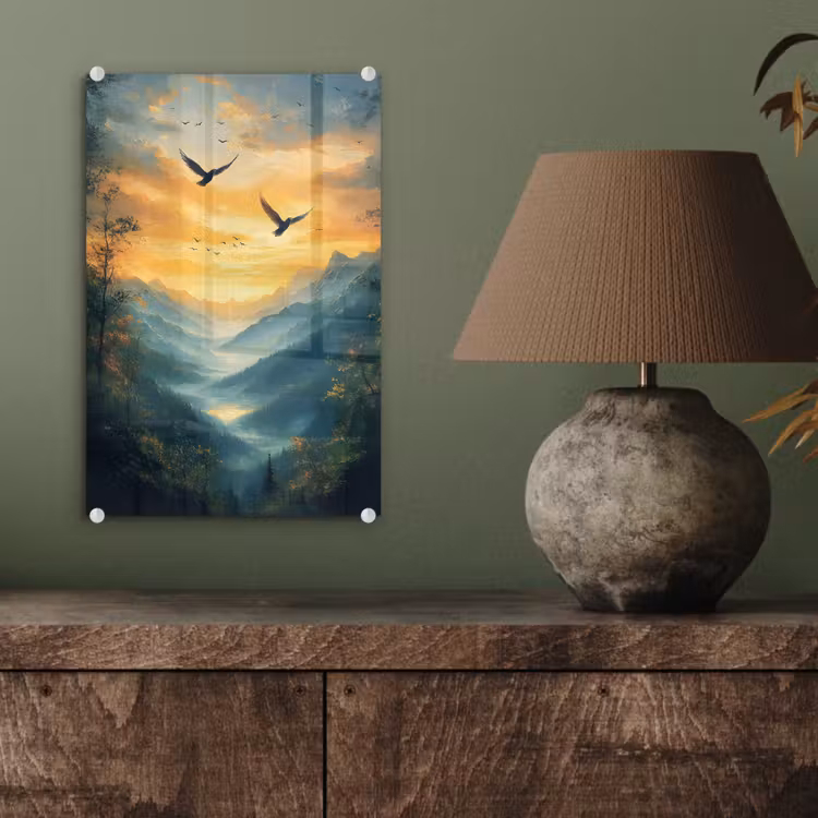 Glas schilderij - Vogels - Zon - Bomen - Groen — 4